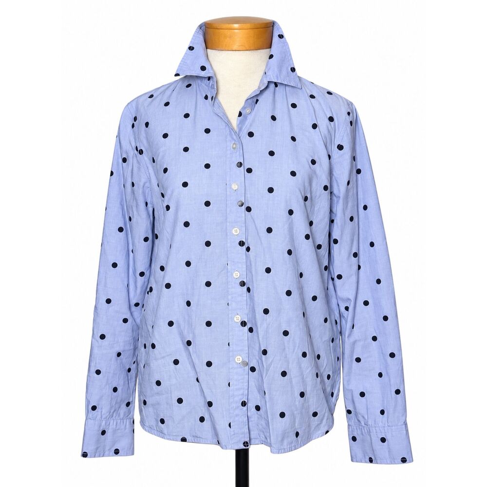 Talbots Blue Chambray Cotton Polka Dot Button Down Shirt Medium Long Sleeve
